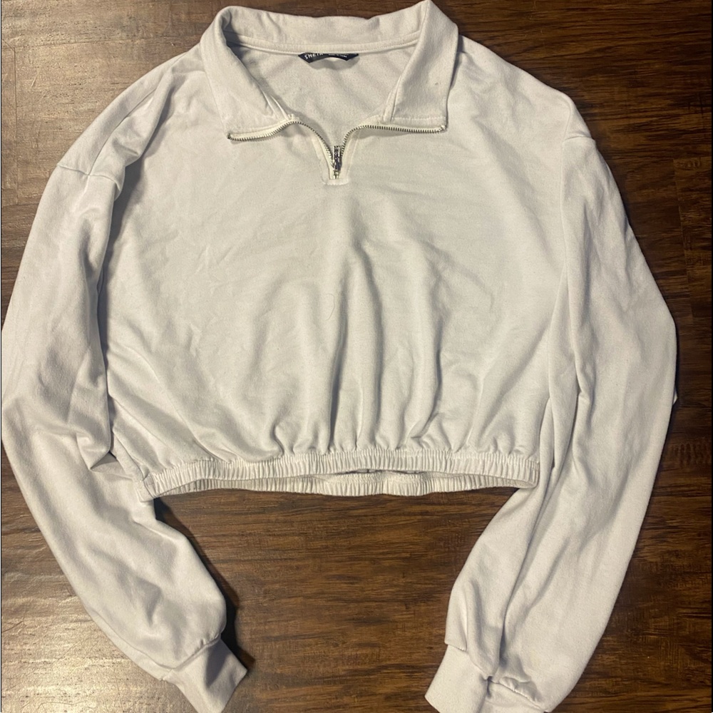 SheIn Long Sleeve White Collar Crop Top w/ Zipper